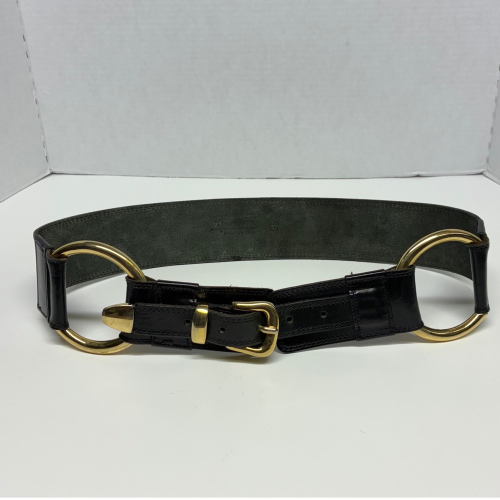 Vintage La Doppia Vita Italy Wide Black Leather Belt Corset Waist Cincher 95